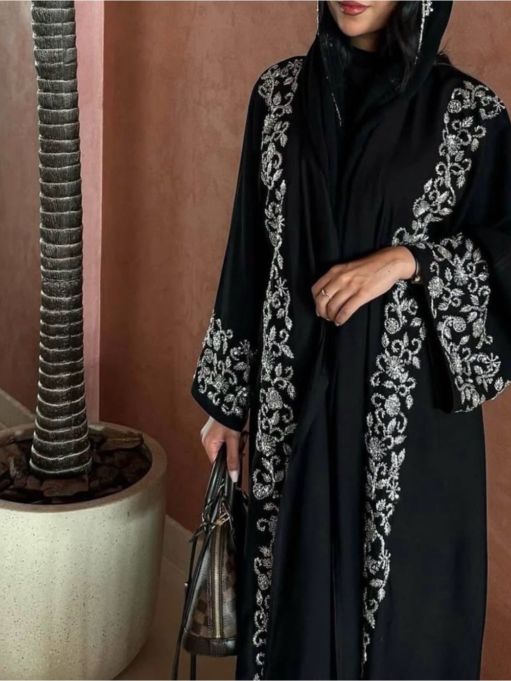 Elegant Black Silver Embellished Abaya Dress